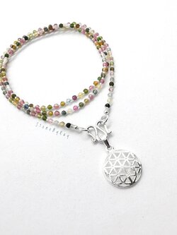 สร้อยคอเชือกถักพลอยทัวร์มาลีนเจียรเหลี่ยม+จี้เงิน Flower of life