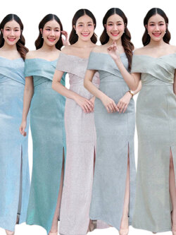 kudapy ชุด Maxi สีชมพู/สีฟ้า/สีเทา/สีทอง/สีเขียวมิ้นท์ ทรงไขว้อกแถบใหญ่ ทรงนี้เรียบหรู กระโปรงหางปลา ผ่าหน้า