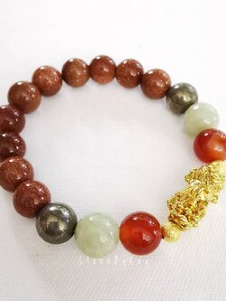 สร้อยข้อมือหินคาเนเลี่ยน,หินทรายทอง,หยก,ไพไรต์ร้อยกับปี่เซี่ยะสีทอง