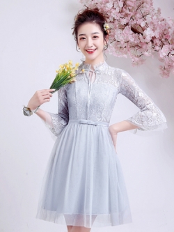 เดรสราตรีสีเทา ออกงานสั้นซีทรู ทรงเหมือนคอจีนมีริ้บบิ้นผูกตรงคอ