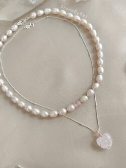 (สร้อยคู่)สร้อยคอเงินจี้หินโรสควอตซ์หัวใจกับสร้อยคอไข่มุกแท้