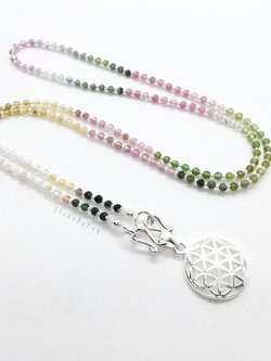 สร้อยคอเชือกถักพลอยทัวร์มาลีนเจียรเหลี่ยม+จี้เงิน Flower of life