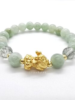 สร้อยข้อมือหยก+เบบี้ปี่เซียะเงินแท้ชุบทอง+ไหมเขียว