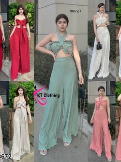 kudapy Set 2 ชิ้นไปทะเล เสื้อเกาะอกแต่งผูกโบว์ตรกกลางอกเสื้อ ผ้ายืดผ้าท็อปฟรี+ กางเกงเอวสูงขาบานยาว