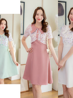kudapy เดรสสั้นสีเขียว/สีขาว/สีชมพู เสื้อลายดอกปกโบว์หูกระต่ายกระดุม3ชิ้น