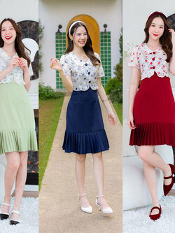 kudapy เดรสสั้น ชายกระโปรงพีชแต่งเสื้อลายดอก