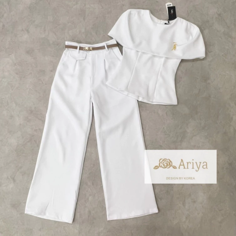 kudapy เซตเสื้อแต่งคลุมไหล่+กางเกงขายาวทรงกระบอกสีขาว ,สีชมพู