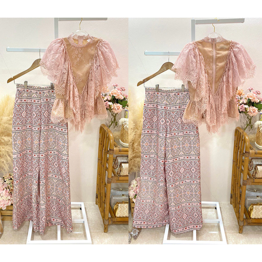 kudapy เซตเสื้อลูกไม้แต่งระบายสีขาว,สีชมพู +กางเกงขายาวทรงขาบสนพิมพ์ลาย