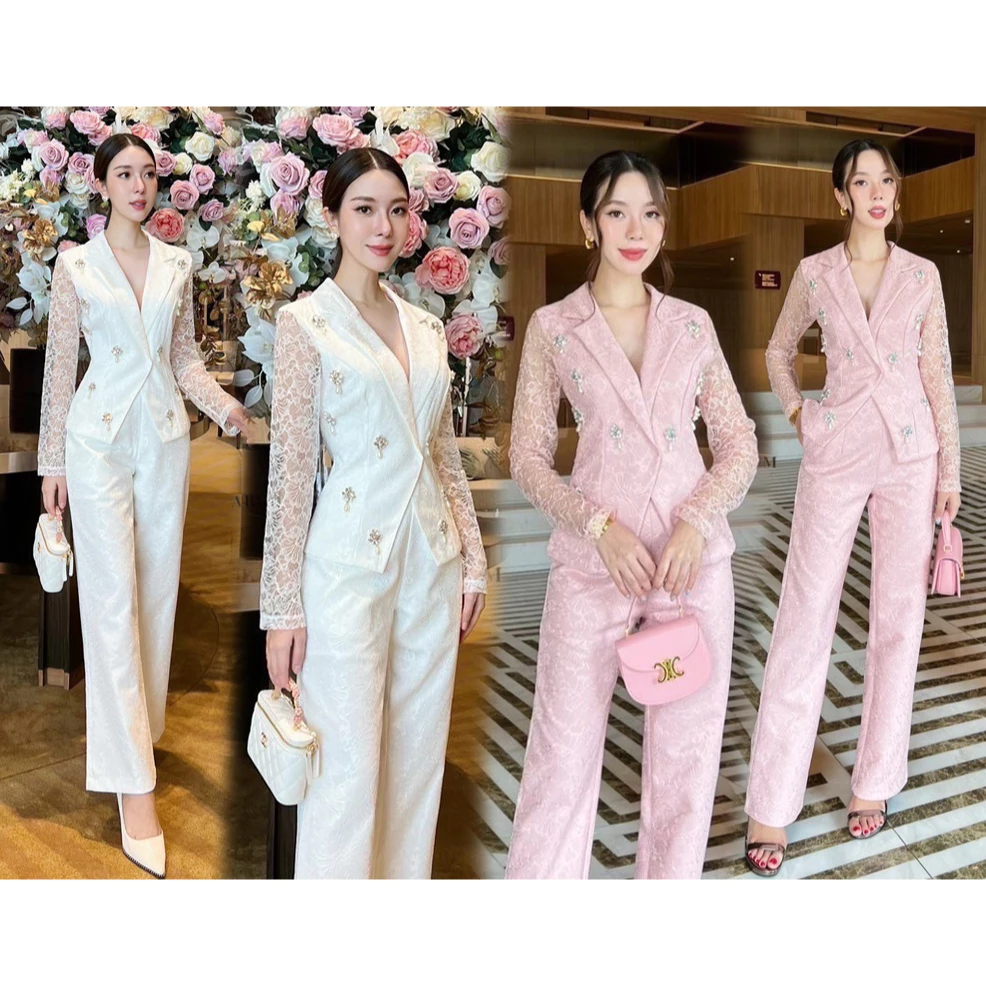 kudapy เซตเสื้อลูกไม้คอปกทรงสูท+กางเกงขายาวทรงกระบอกสีขาว ,สีชมพู