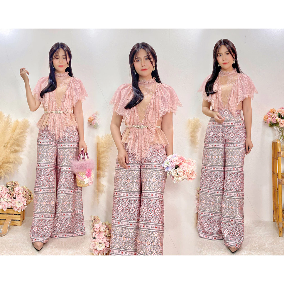 kudapy เซตเสื้อลูกไม้แต่งระบายสีขาว,สีชมพู +กางเกงขายาวทรงขาบสนพิมพ์ลาย