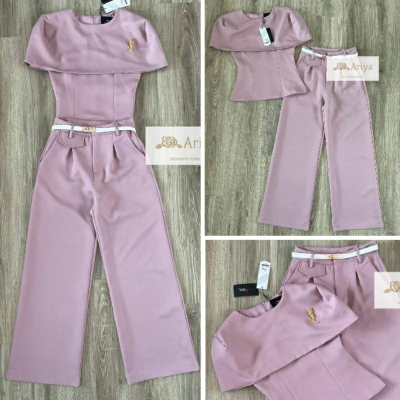 kudapy เซตเสื้อแต่งคลุมไหล่+กางเกงขายาวทรงกระบอกสีขาว ,สีชมพู