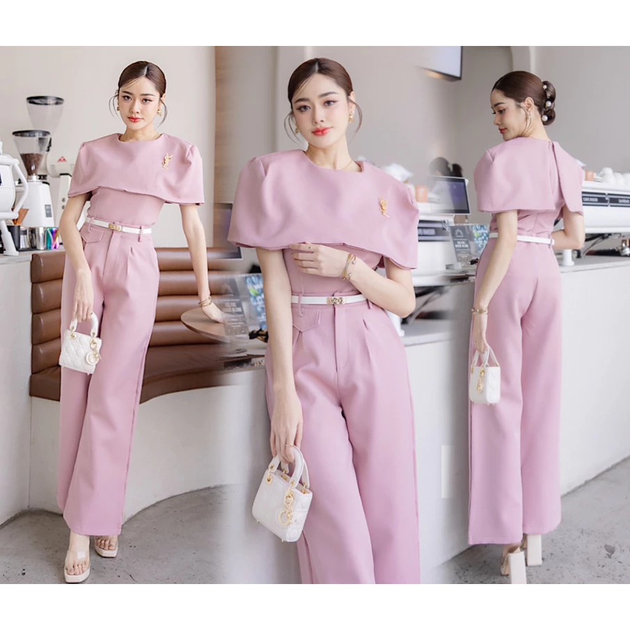 kudapy เซตเสื้อแต่งคลุมไหล่+กางเกงขายาวทรงกระบอกสีขาว ,สีชมพู