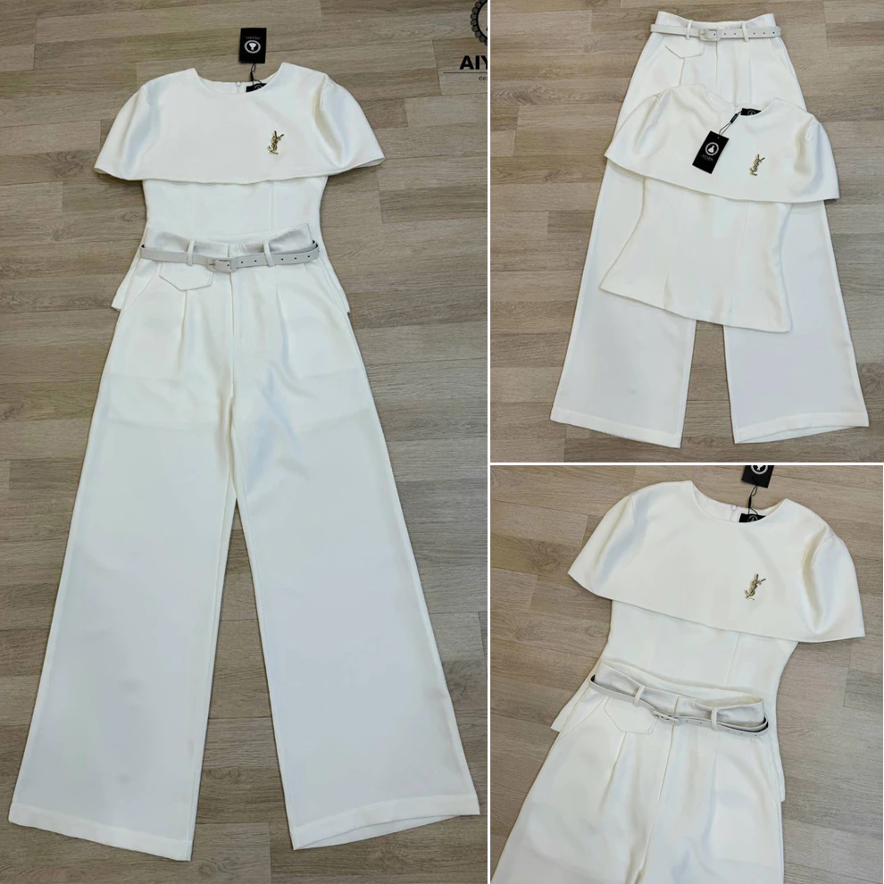 kudapy เซตเสื้อแต่งคลุมไหล่+กางเกงขายาวทรงกระบอกสีขาว ,สีชมพู