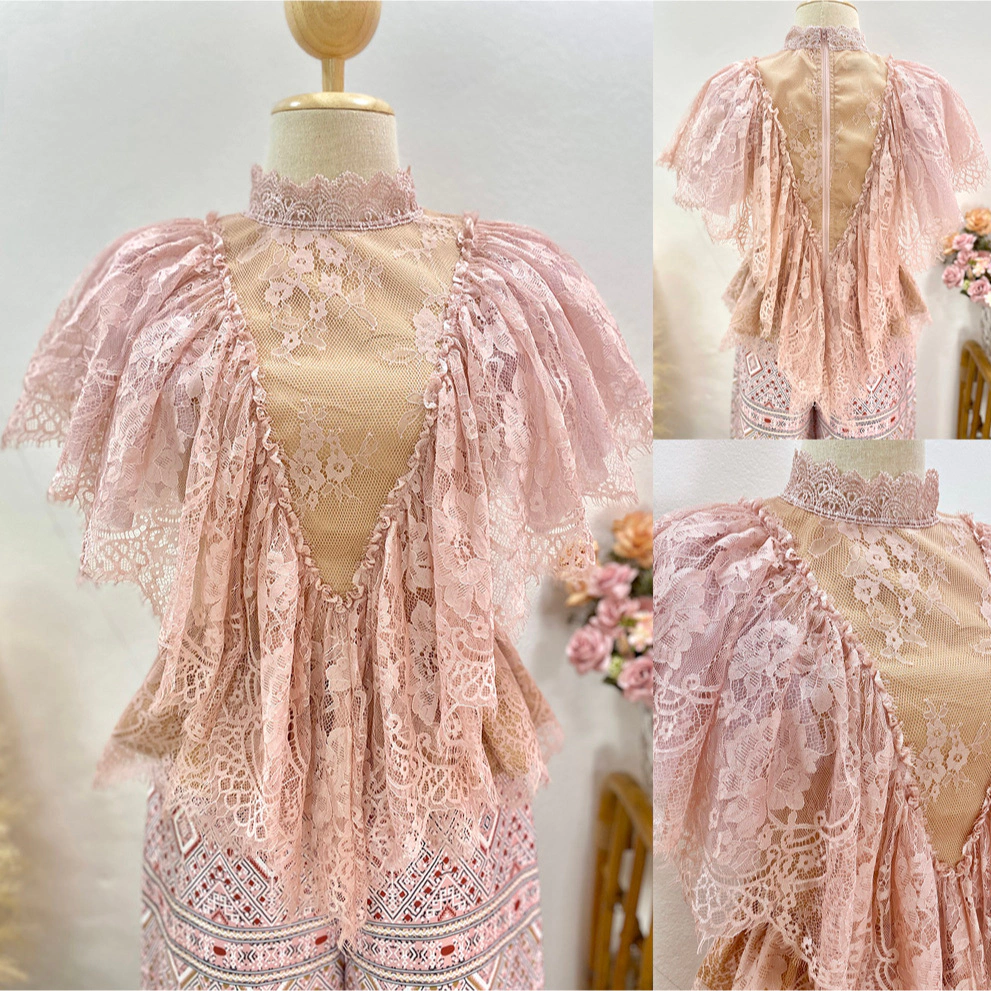 kudapy เซตเสื้อลูกไม้แต่งระบายสีขาว,สีชมพู +กางเกงขายาวทรงขาบสนพิมพ์ลาย