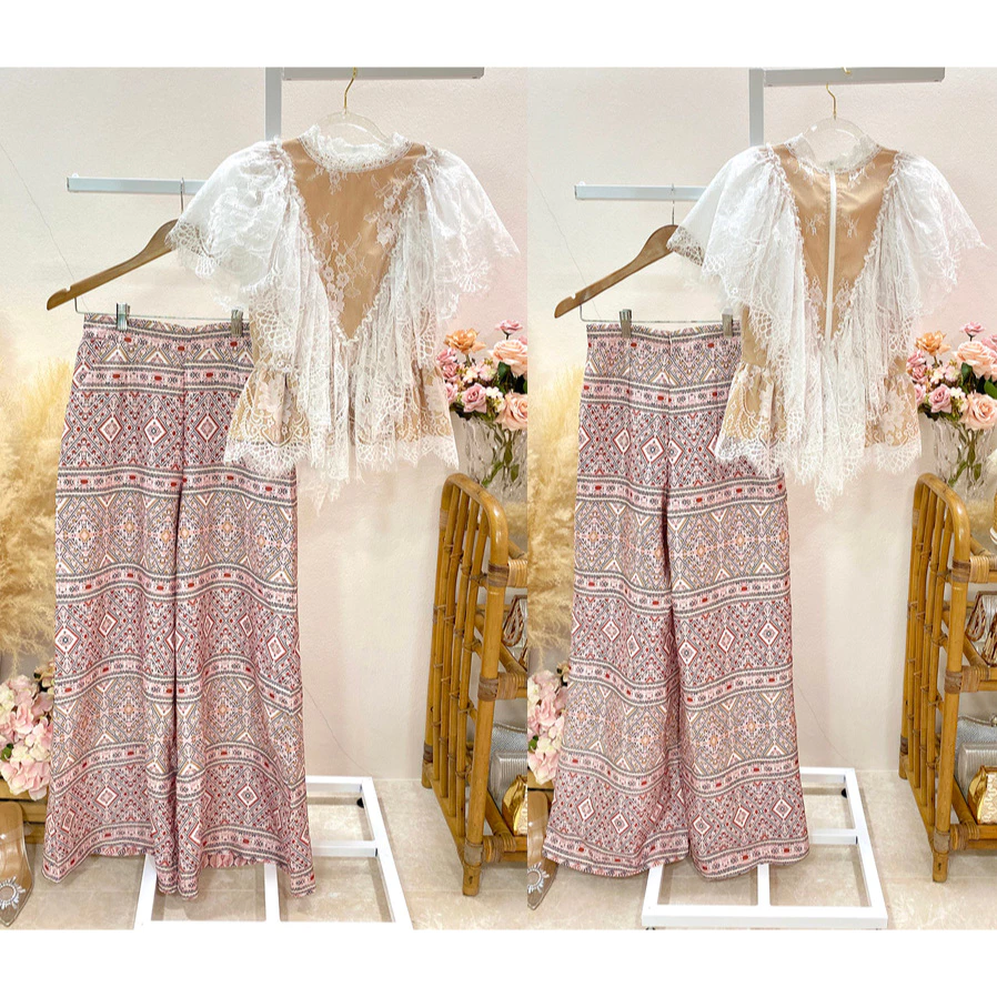 kudapy เซตเสื้อลูกไม้แต่งระบายสีขาว,สีชมพู +กางเกงขายาวทรงขาบสนพิมพ์ลาย