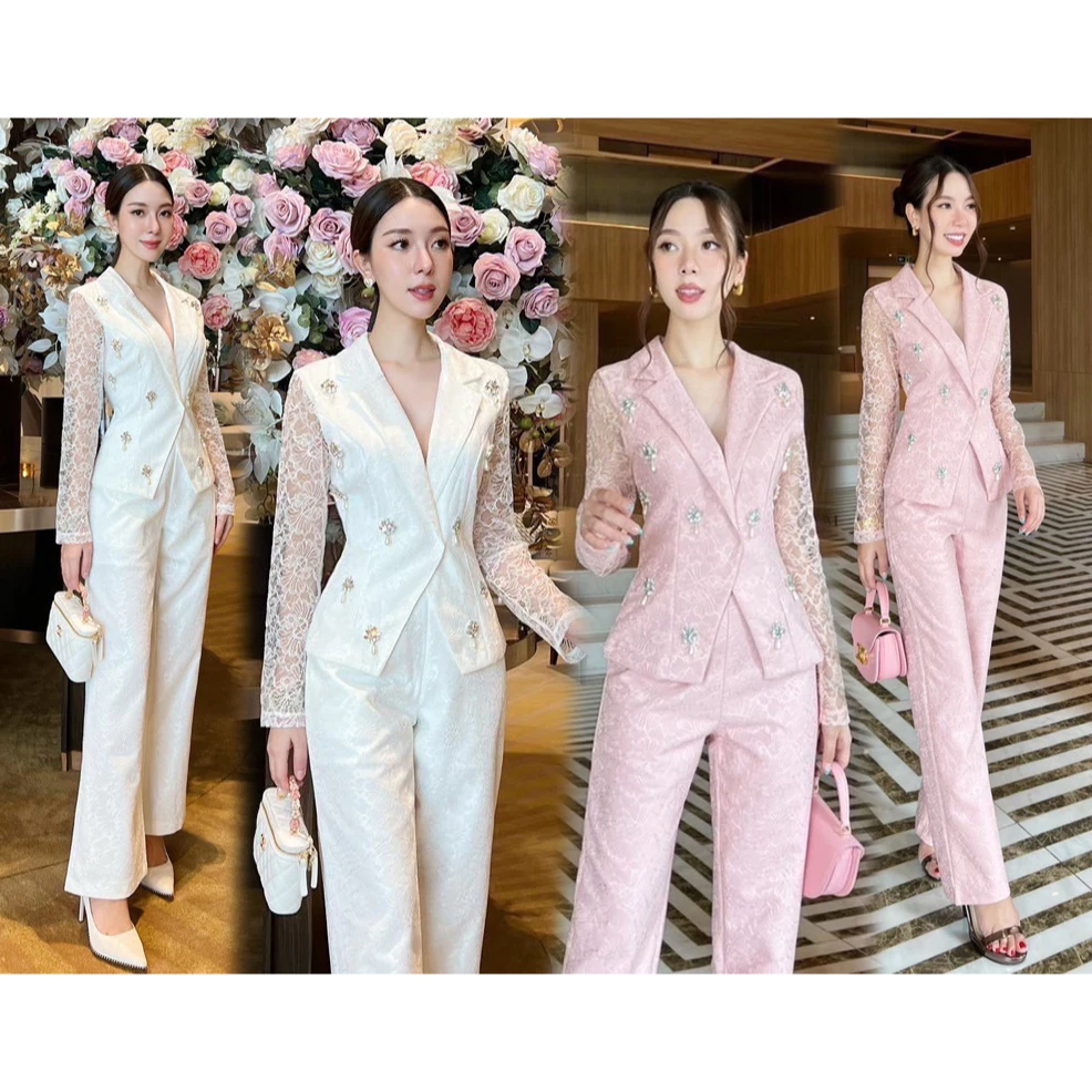 kudapy เซตเสื้อลูกไม้คอปกทรงสูท+กางเกงขายาวทรงกระบอกสีขาว ,สีชมพู